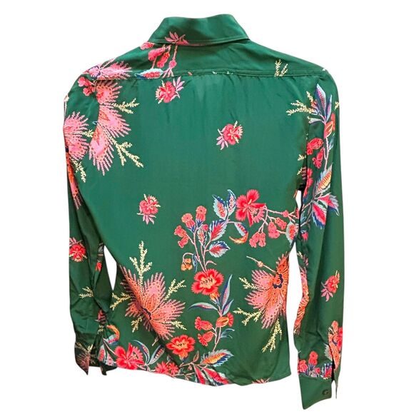 Franck Olivier Paris 1970s Silk Blouse French Size 40 Green Floral Dagger Collar - Picture 2 of 11